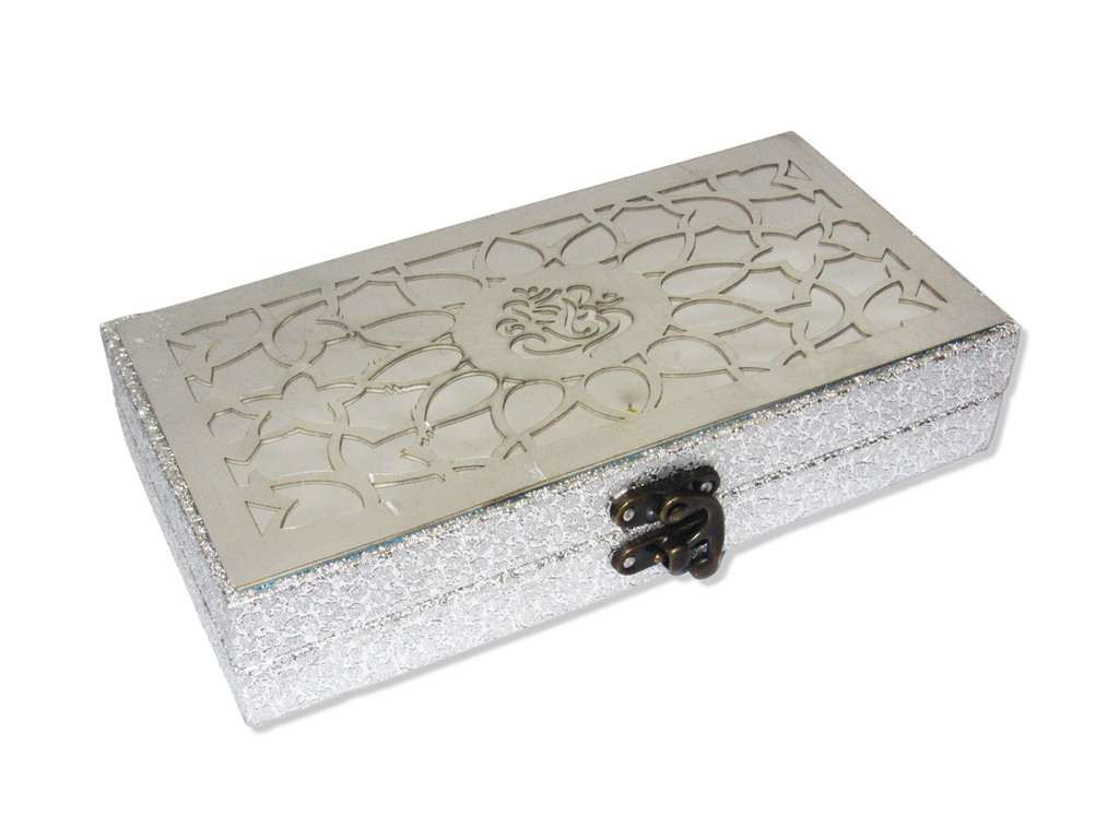 Cash box in silver rexine finish with laser cut ganesha design - Click Image to Close
