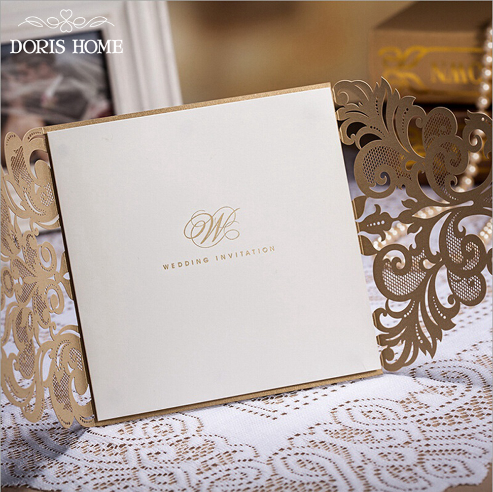 Champange Gold Laser-Cut Lace Flower Wedding Invitation - Click Image to Close