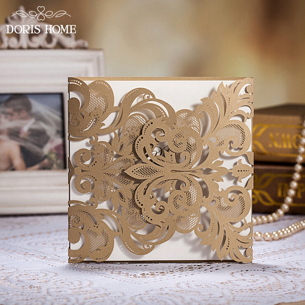 Champange Gold Laser-Cut Lace Flower Wedding Invitation