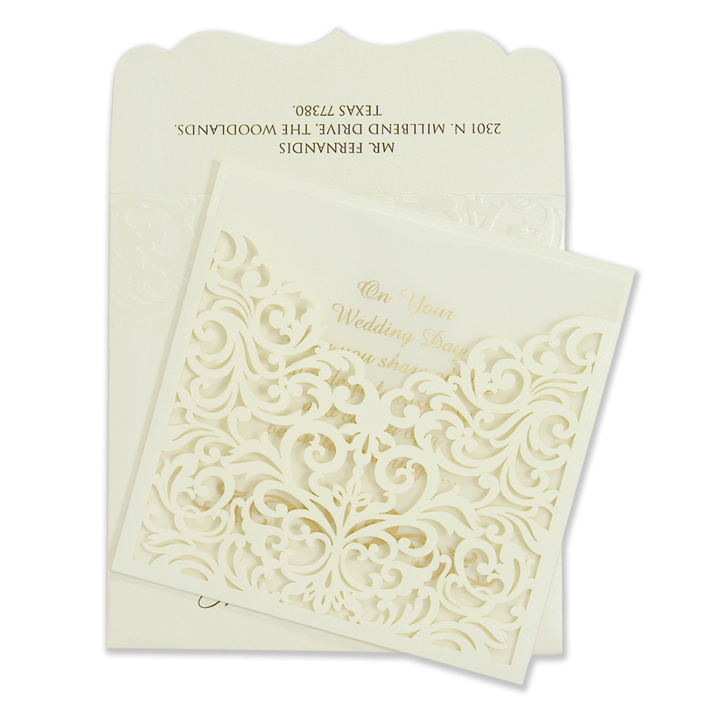 Indian wedding card wiith laser cut floral pocket in Ivory - Click Image to Close