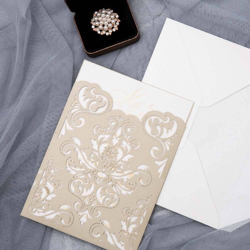 Christian wedding invite with champagne gold shimmer laser cut pocket - Click Image to Close