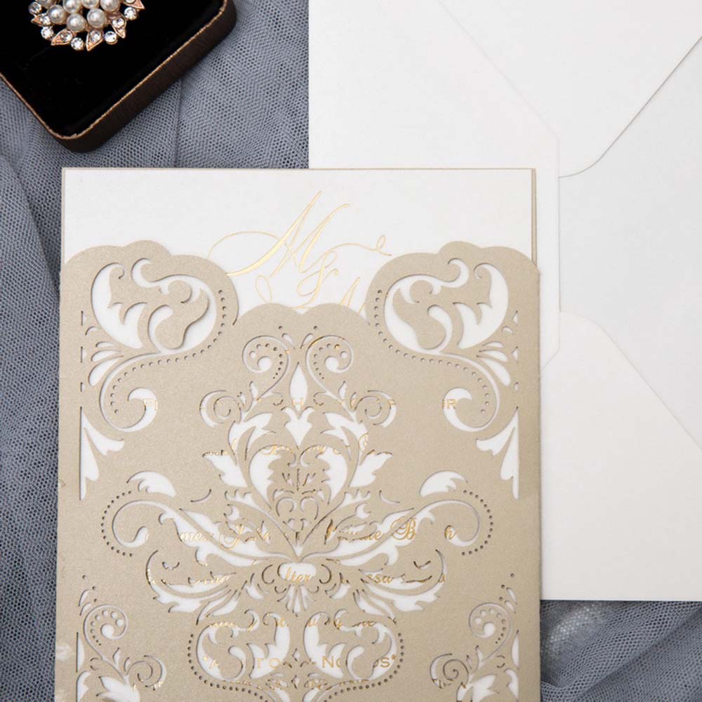 Christian wedding invite with champagne gold shimmer laser cut pocket - Click Image to Close