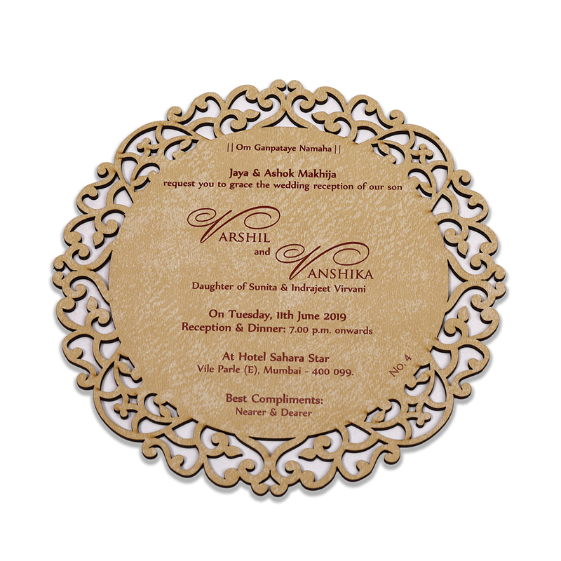 Circle shaped cream color laser cut wedding invite in cardboard - Click Image to Close