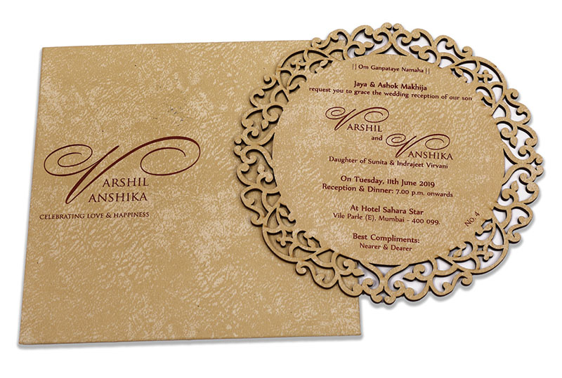 Circle shaped cream color laser cut wedding invite in cardboard - Click Image to Close