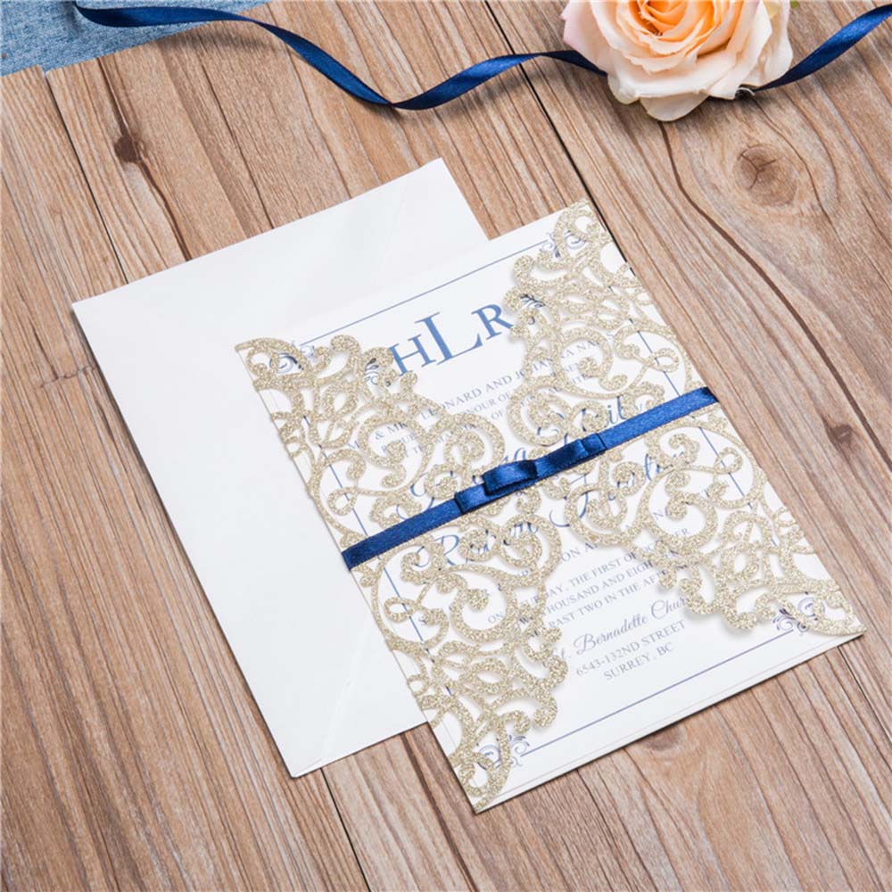 Classic Lace Ivory Glitter Paper Laser cut Wedding Invitation - Click Image to Close