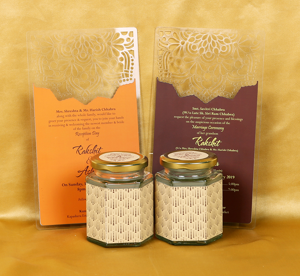 Cream colour Indian wedding box invite with designer inserts & sweet jars - Click Image to Close