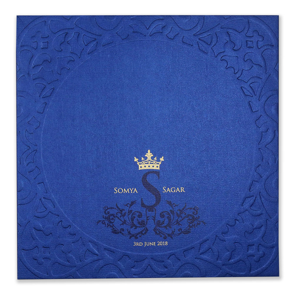 Designer circular hindu wedding invitation in royal blue - Click Image to Close