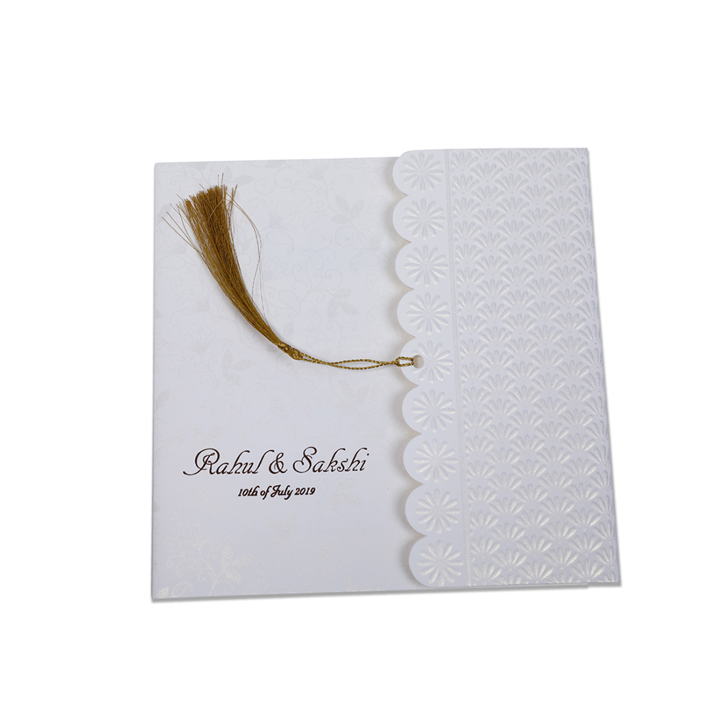 Designer floral Indian wedding invitation card in Ivory