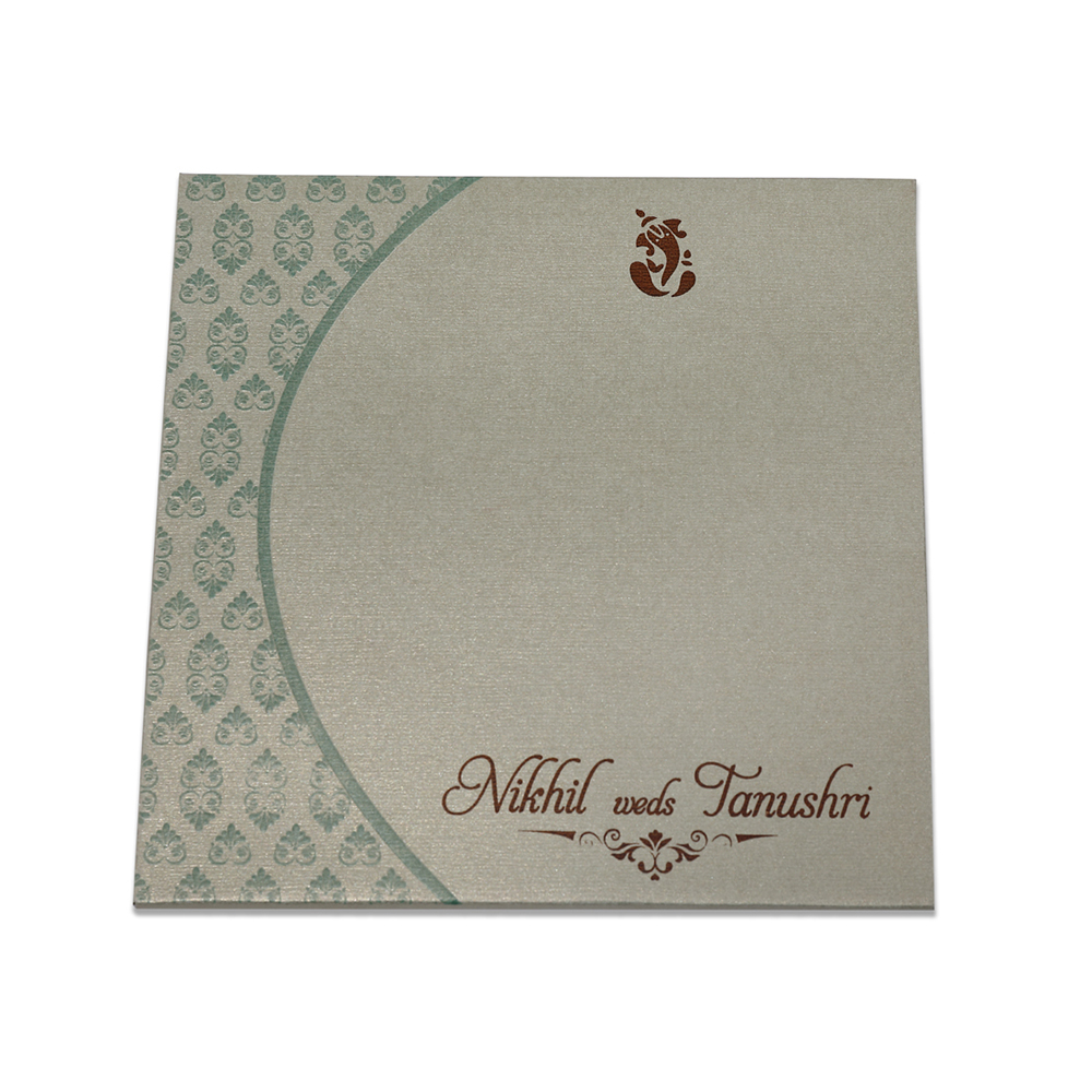 Designer floral Indian wedding invitation in metallic green colour - Click Image to Close