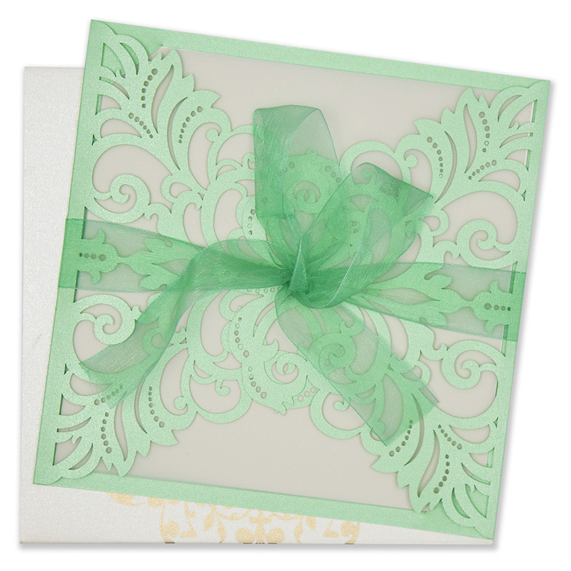 Designer floral laser cut invite in pastel green colour - Click Image to Close