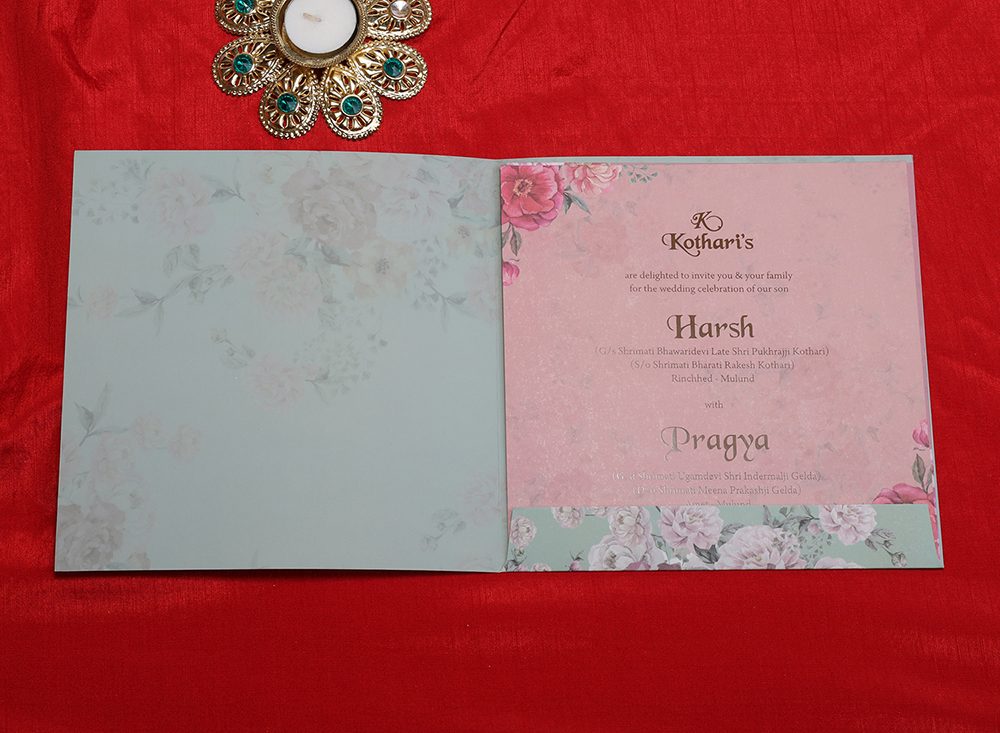 Designer floral wedding invitation card in teal colour - Click Image to Close
