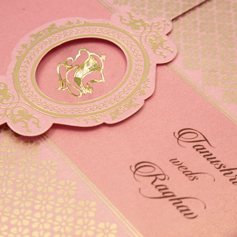 Designer hindu wedding card in pink and golden colour - Click Image to Close