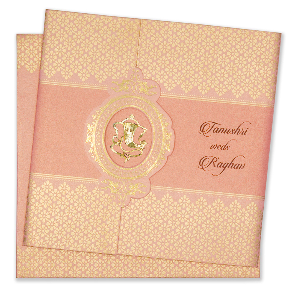Designer hindu wedding card in pink and golden colour