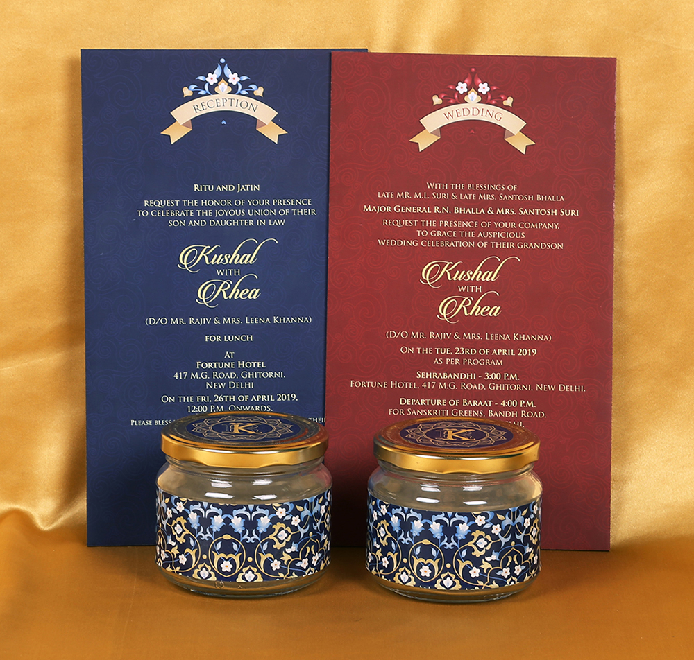 Designer Indian box invitation in Ivory and blue with sweet jars - Click Image to Close