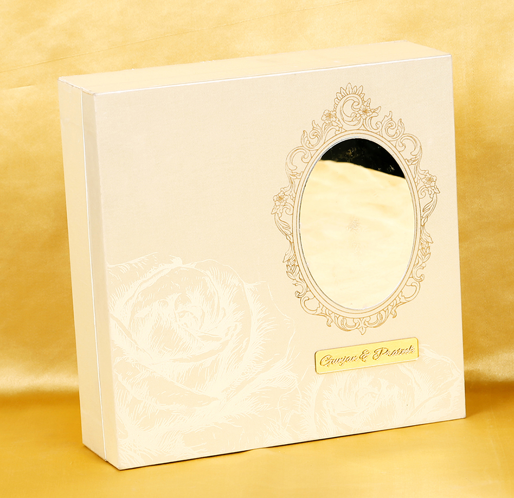 Designer Indian box invite in cream with rose and mirror shaped inserts - Click Image to Close