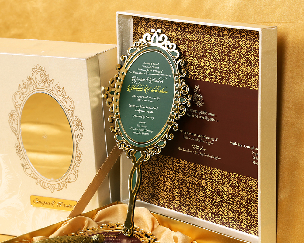 Designer Indian box invite in cream with rose and mirror shaped inserts - Click Image to Close