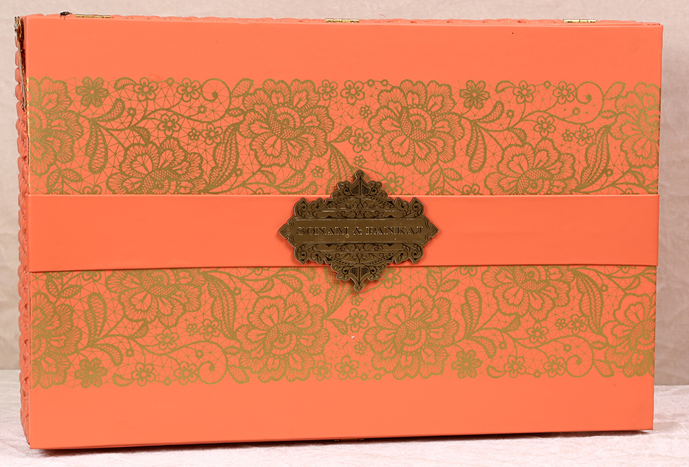Designer Indian wedding box invite & sweet jars in pastel orange colors - Click Image to Close