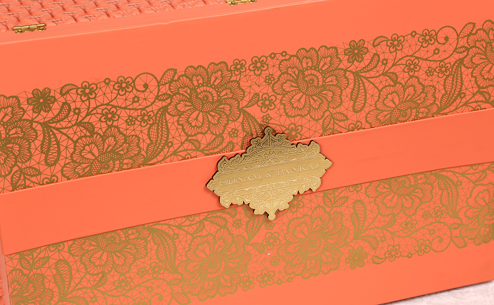 Designer Indian wedding box invite & sweet jars in pastel orange colors - Click Image to Close