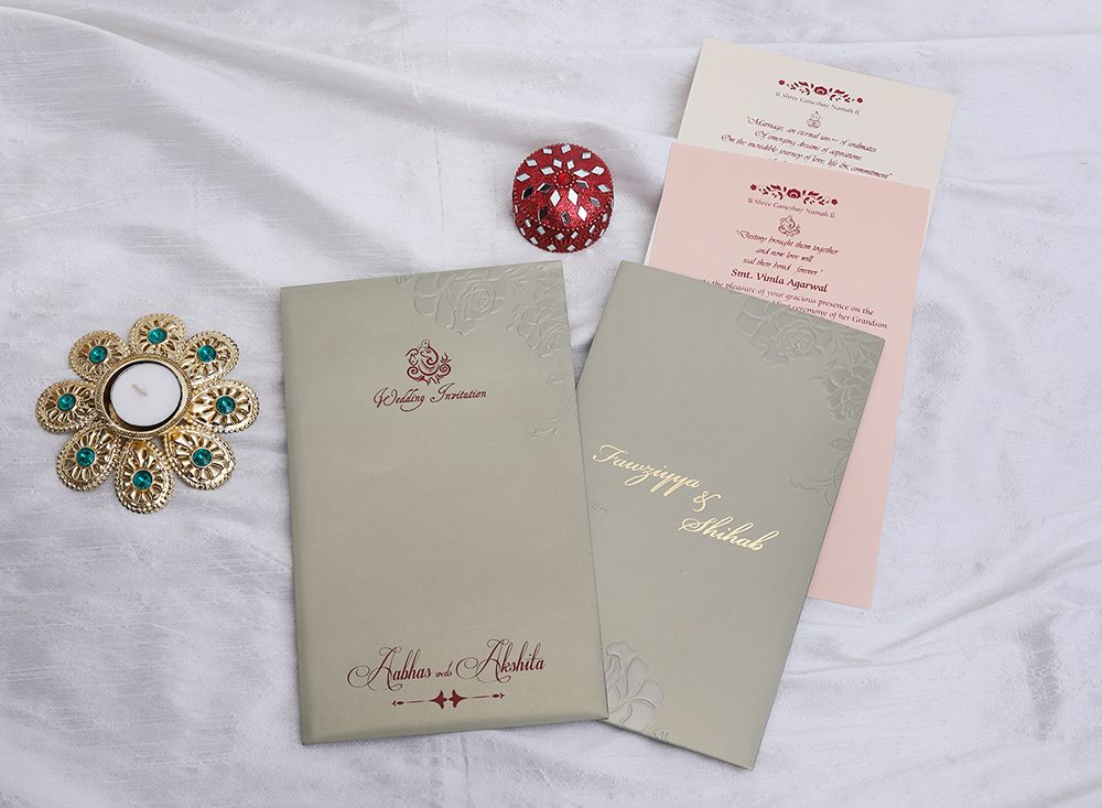 Designer Indian wedding card in olive green with rose flowers - Click Image to Close