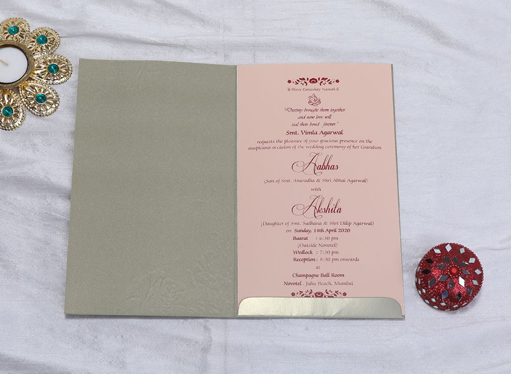 Designer Indian wedding card in olive green with rose flowers - Click Image to Close