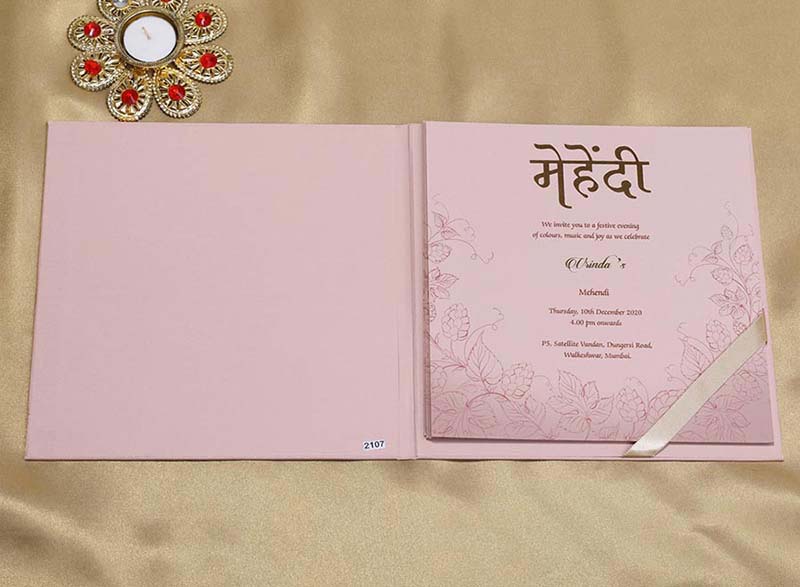 Designer Indian Wedding Card in Peach with Leafs and Motifs - Click Image to Close
