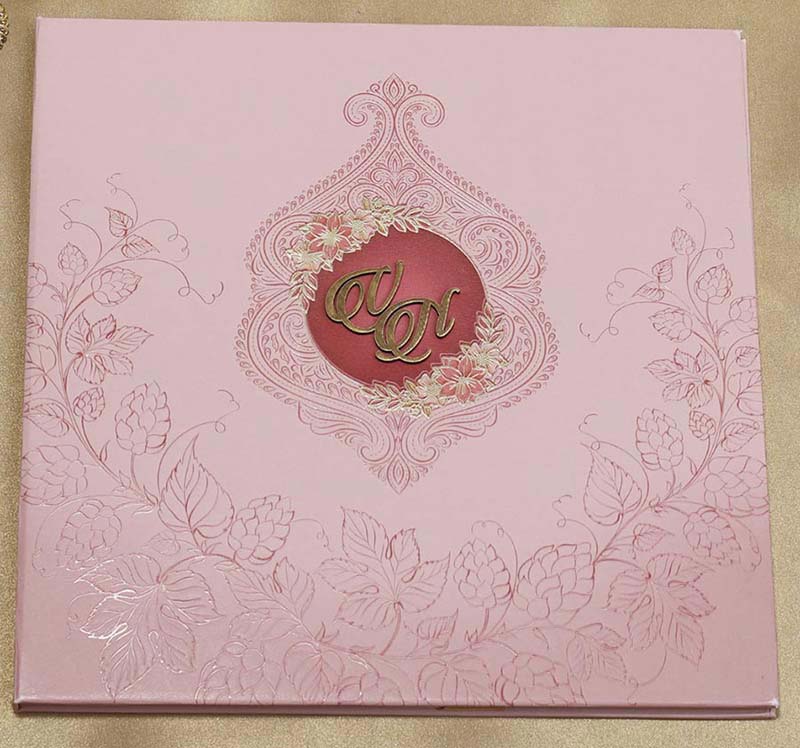 Designer Indian Wedding Card in Peach with Leafs and Motifs
