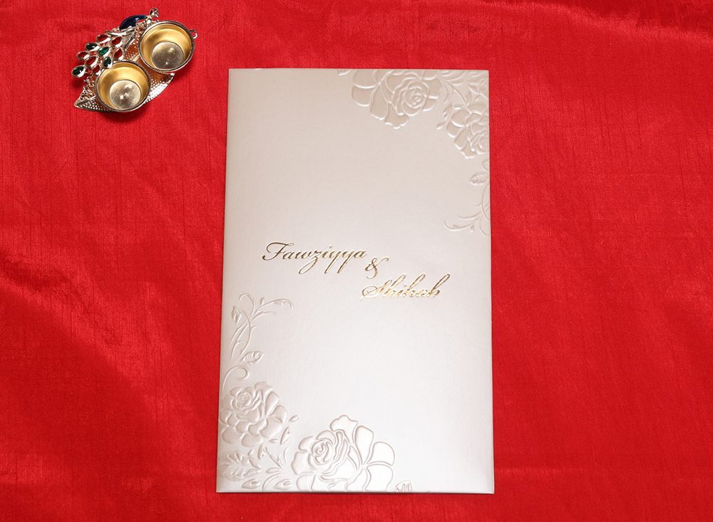Designer Indian wedding invitation in cream with rose flowers - Click Image to Close
