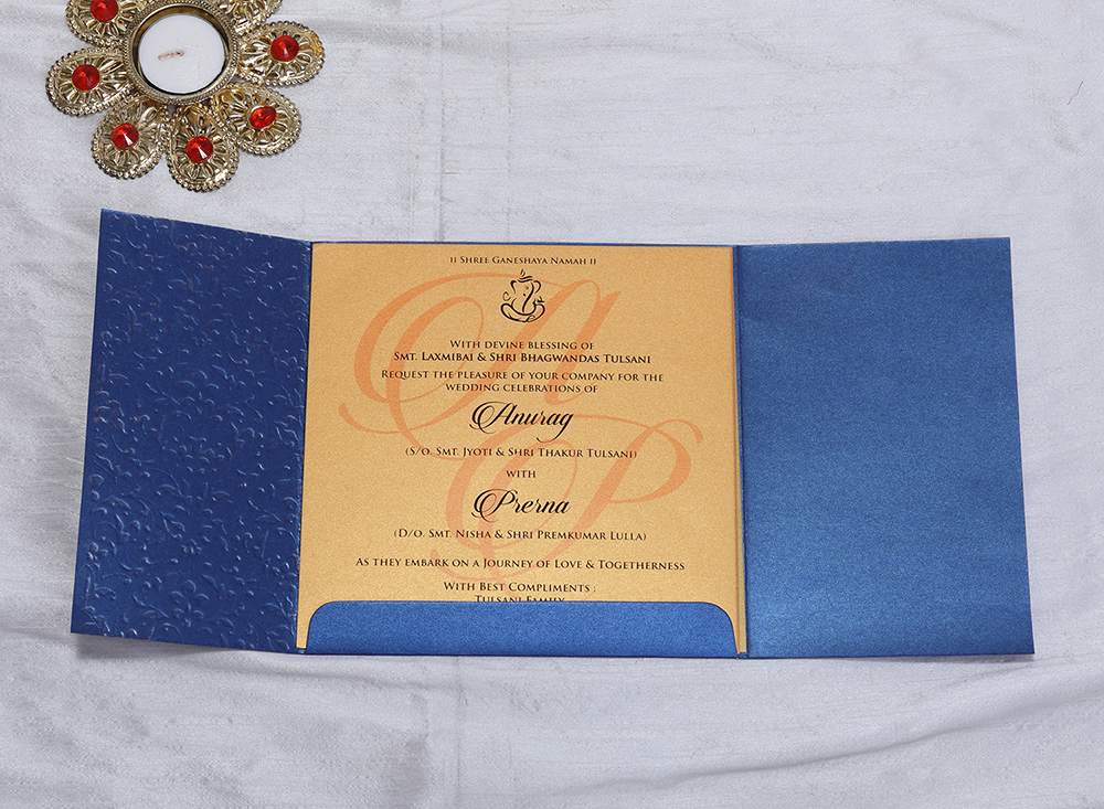 Designer Indian wedding invitation in Navy blue and Golden - Click Image to Close
