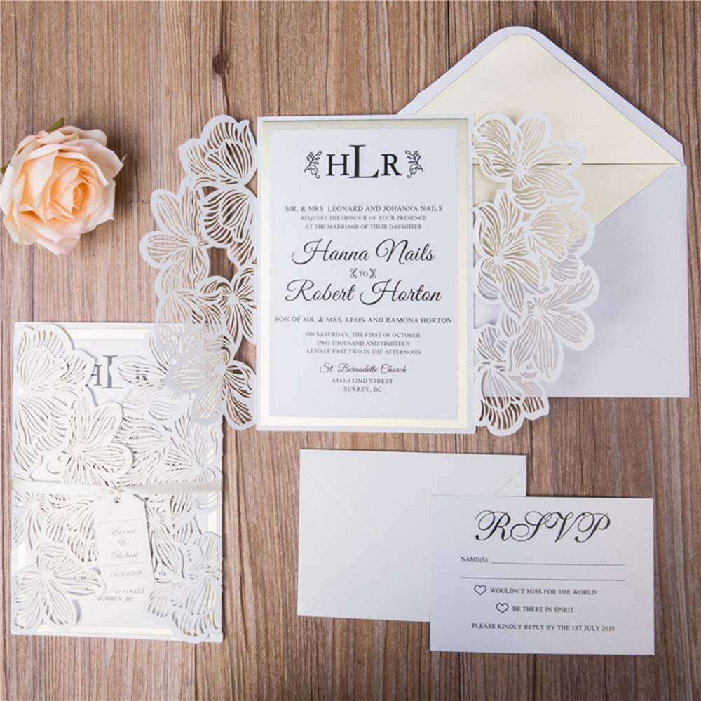 Designer Ivory Laser Cut Wedding Invitation with name tag & RSVP set - Click Image to Close