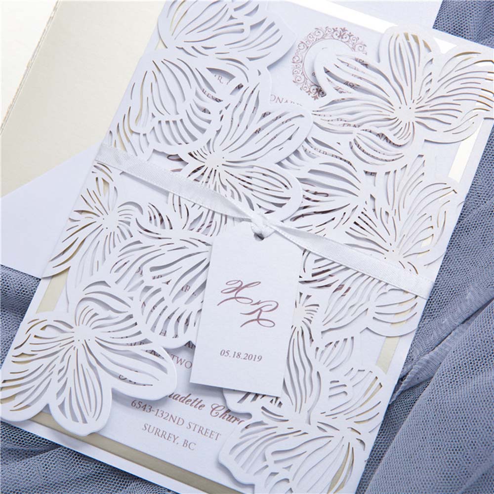 Designer Ivory Laser Cut Wedding Invitation with name tag - Click Image to Close