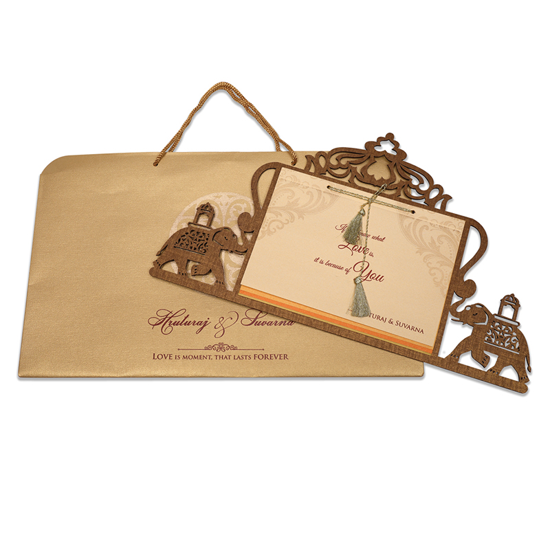 Designer laser cut cardboard invite with royal elephants - Click Image to Close