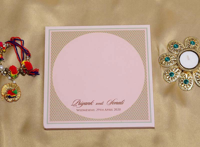 Designer Mandala Style Indian Wedding Card in Light Pink - Click Image to Close