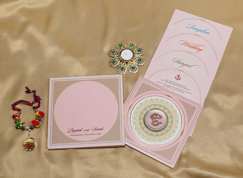 Designer Mandala Style Indian Wedding Card in Light Pink - Click Image to Close