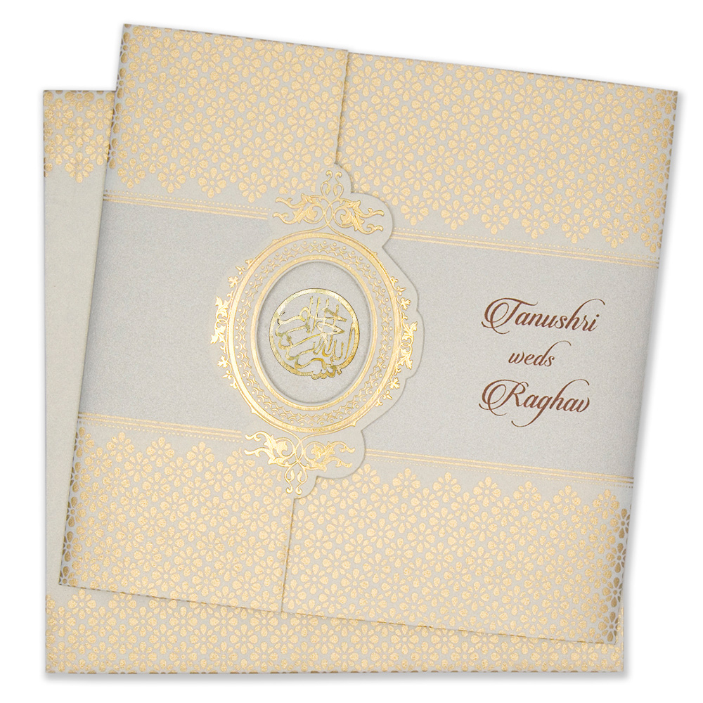 Designer muslim wedding card in powder blue and golden colour - Click Image to Close