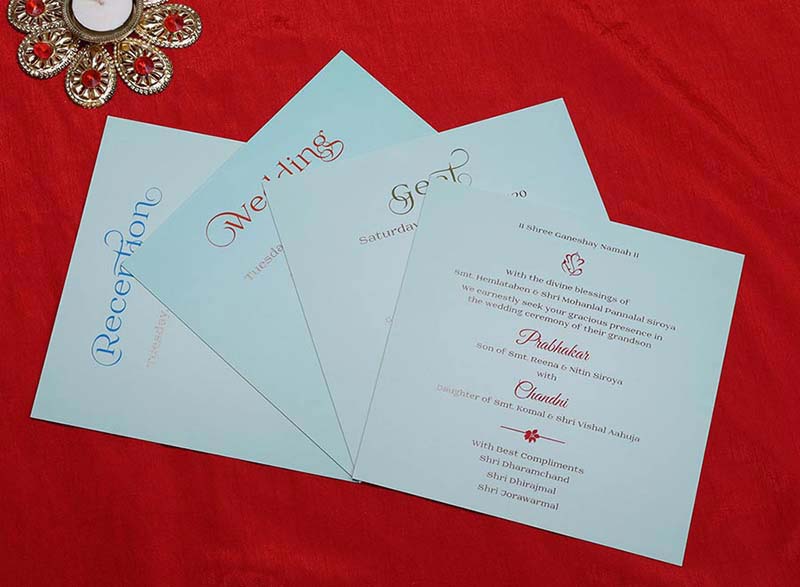 Designer Pastel Blue Indian Wedding Card with Royal Elephants - Click Image to Close