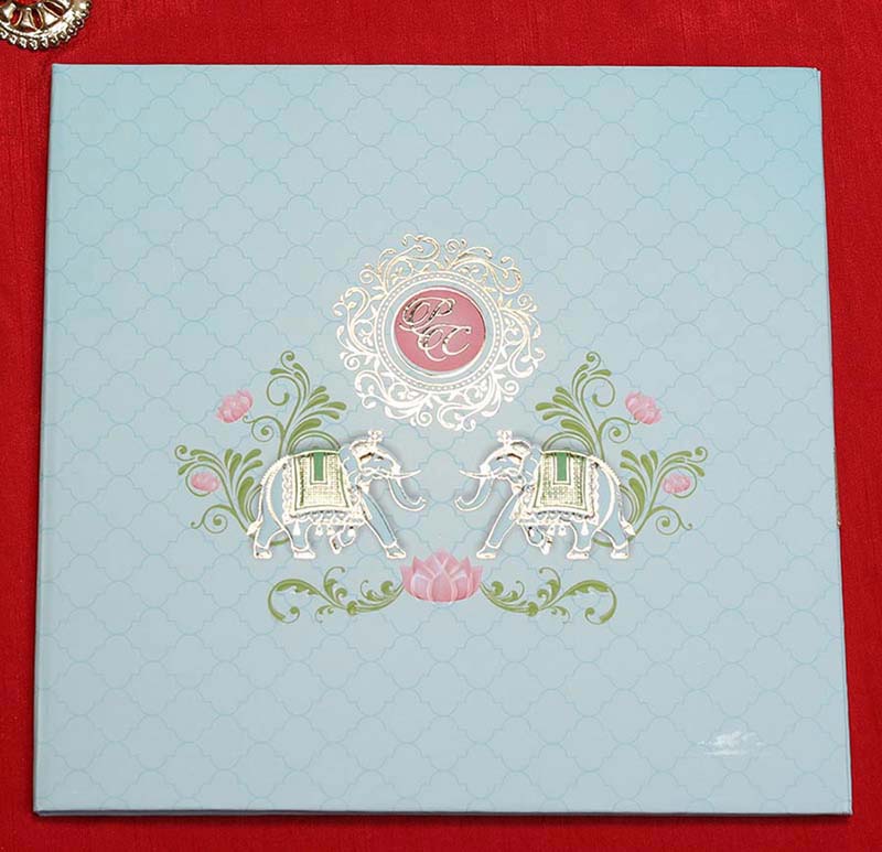 Designer Pastel Blue Indian Wedding Card with Royal Elephants - Click Image to Close