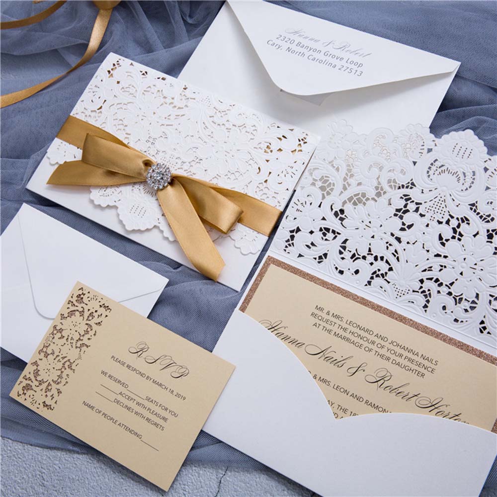 Designer Pearl White Laser Cut Wedding Invittaion & RSVP set - Click Image to Close