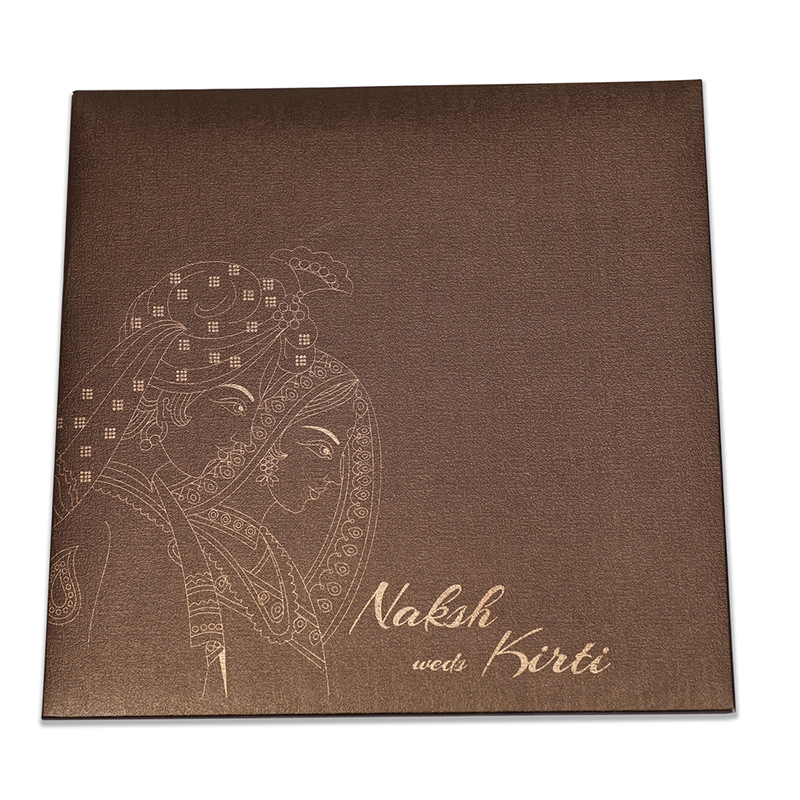 Designer Phera theme Indian wedding card in brown - Click Image to Close
