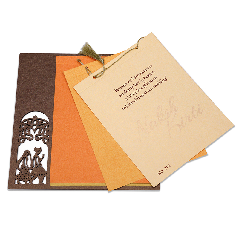 Designer Phera theme Indian wedding card in brown - Click Image to Close