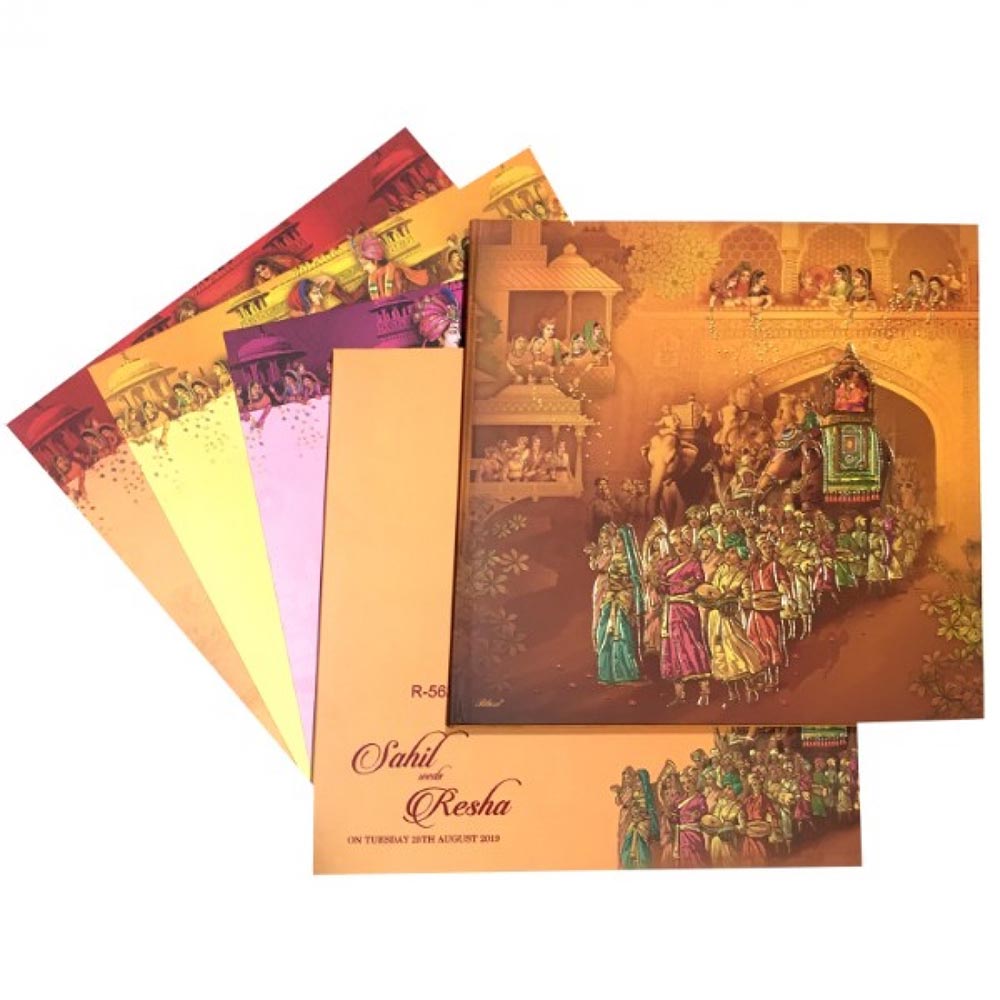 Designer royal Indian invitation with wedding procession images - Click Image to Close