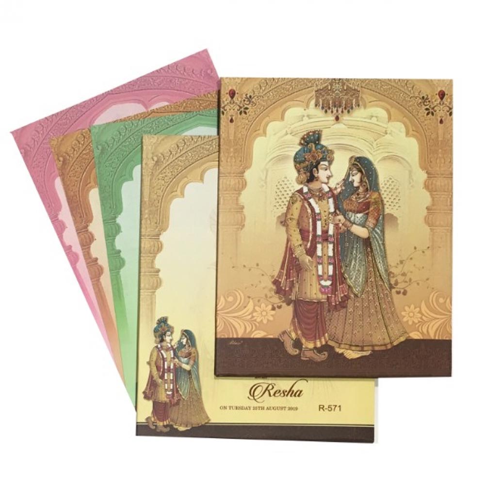 Designer royal Indian invite with bride & groom wedding ceremony images