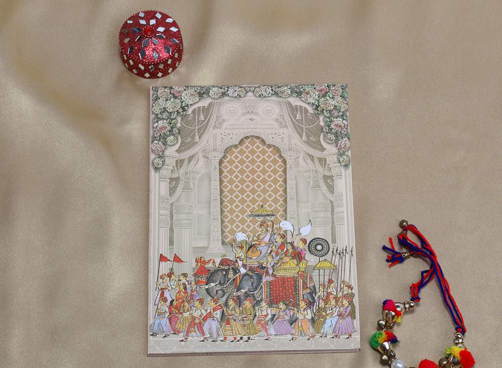Designer Royal Indian wedding invitation with baraat design - Click Image to Close