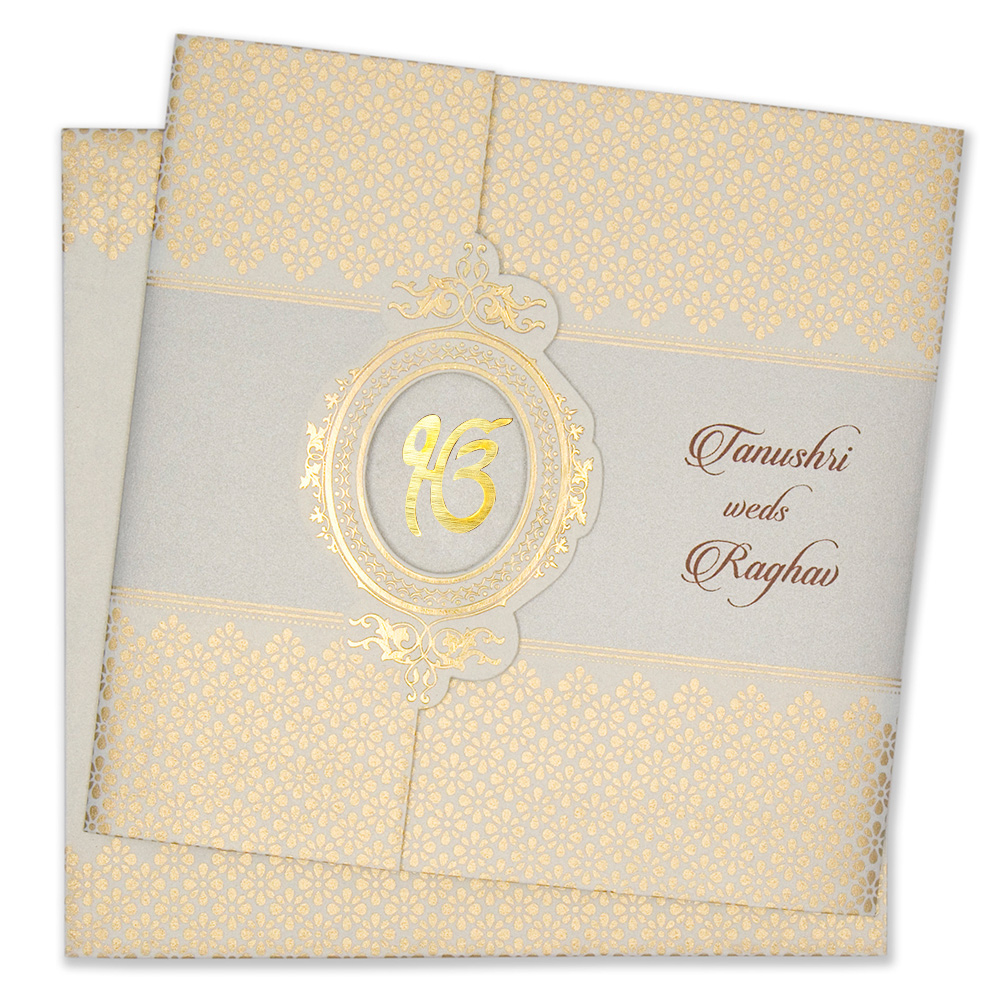 Designer sikh wedding card in powder blue and golden colour - Click Image to Close