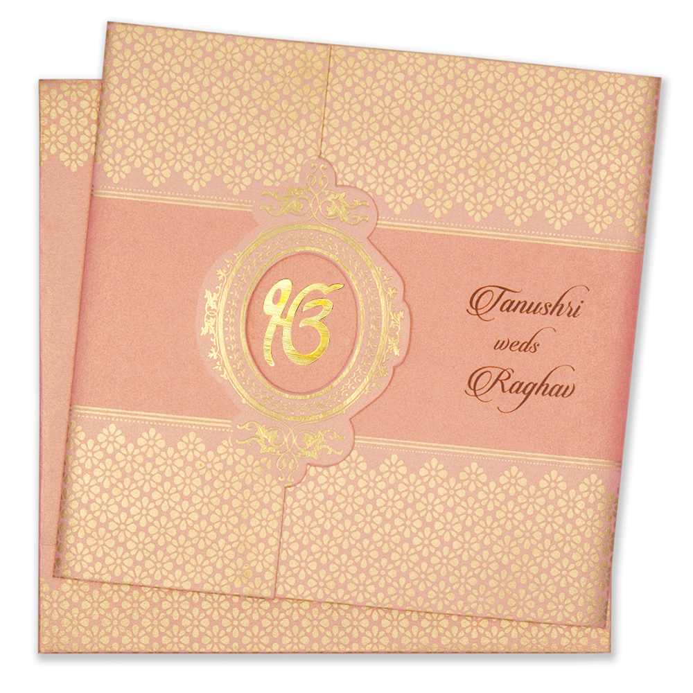 Designer sikh wedding card in pink and golden colour