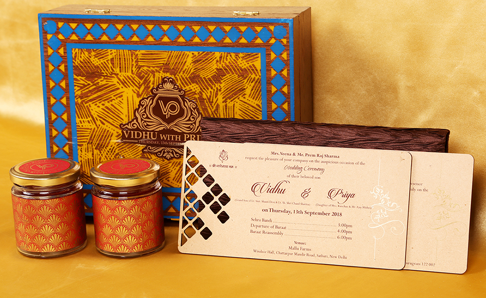 Designer wedding box invite in brown with sweet jars - Click Image to Close