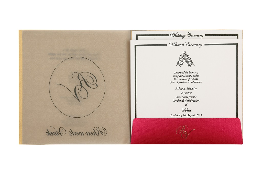 Designer Wedding Card in Fuchsia & Antique Golden Colour - Click Image to Close