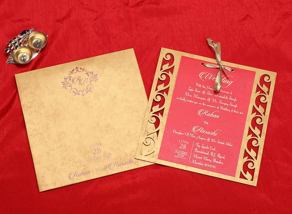 Designer wedding card in golden with laser cut cardboard style - Click Image to Close