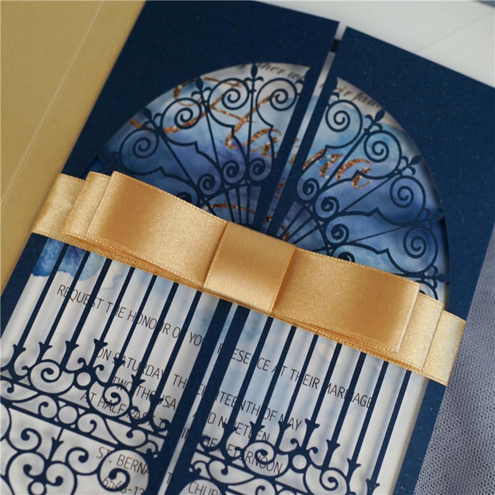 Door to happiness laser cut wedding invite in navy blue colour - Click Image to Close
