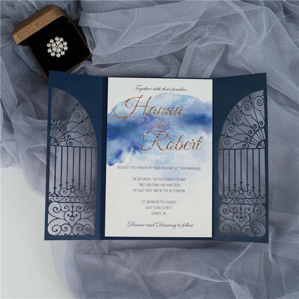 Door to happiness laser cut wedding invite in navy blue colour - Click Image to Close