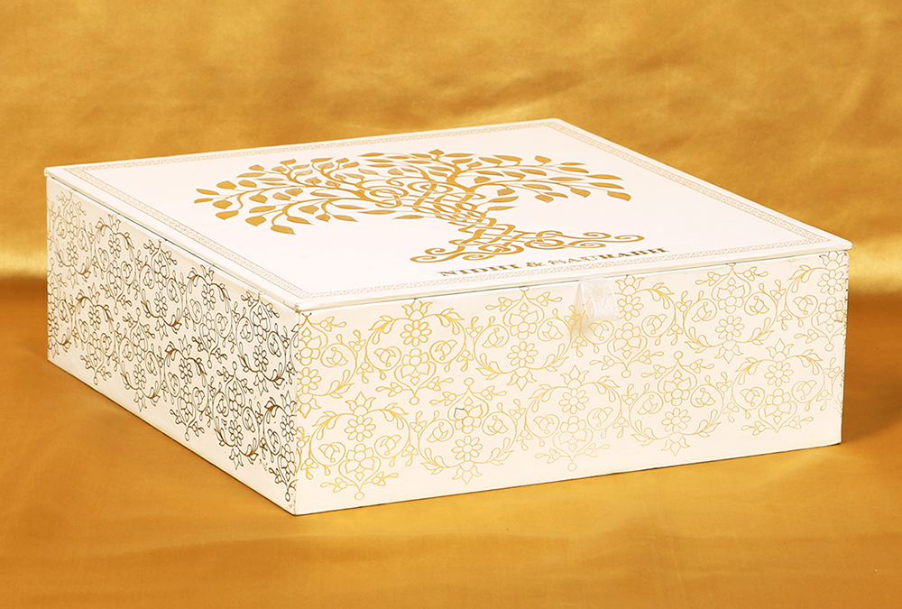 Elegant box invite in cream and golden with tree of life theme - Click Image to Close